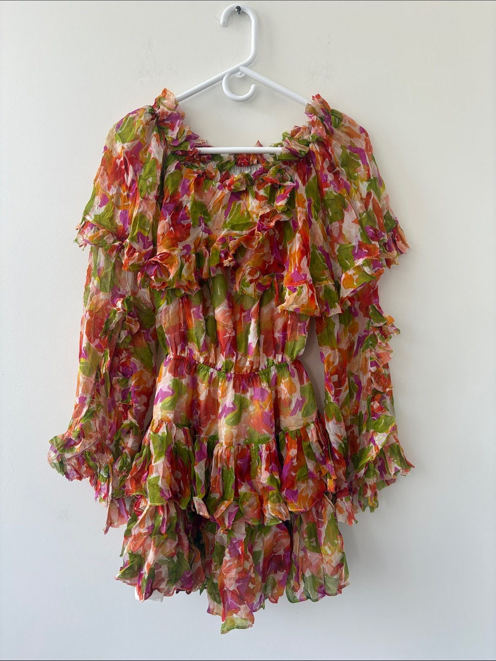 Caroline Constas Dahlia Off The Shoulder DRESS Pink Coral Multi XS Silk